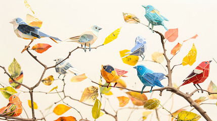 Colorful origami birds perched on intertwining branches, a playful scene