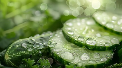 Sliced cucumber with water droplets, close up, refreshing green tones,