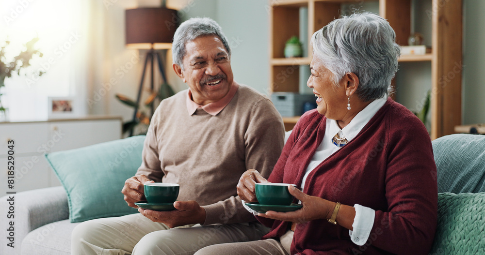 Canvas Prints Living room, relax and elderly couple with coffee for love, bonding and funny conversation. Senior people, smile and happy with drink for morning discussion, communication and peace in retirement