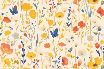 Wildflowers and butterflies whimsically scattered across a seamless pattern