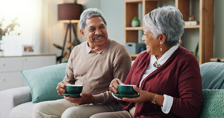 Living room, relax and elderly couple with coffee for love, bonding and funny conversation. Senior...