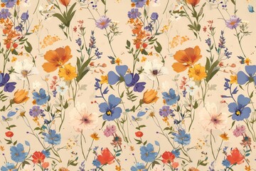 Wildflowers and butterflies whimsically scattered across a seamless pattern