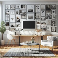 A Room with a mockup poster empty white and with a table and chairs in office and a television realistic used for printing image realistic.