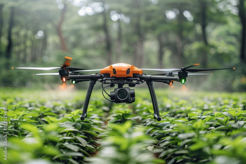 Poster in modern agriculture, drones with isometric sensors optimize pesticide application, promoting crop 