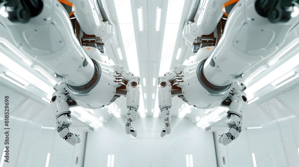 Poster robotic arms in sleek futuristic factory setting with white backdrop