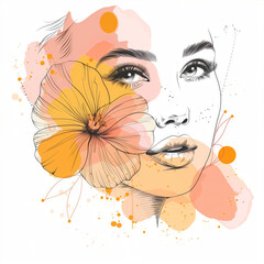 Watercolor illustration of a womans face with a flower