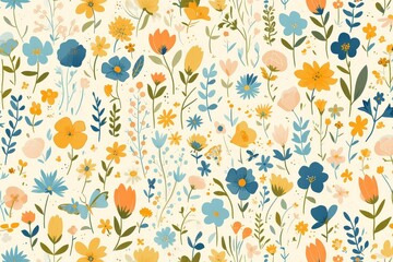 Wildflowers and butterflies whimsically scattered across a seamless pattern