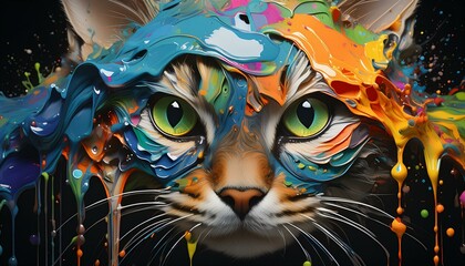 cat's face in multi-colored oil paints. art concept