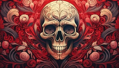 model of a human skull on a red background