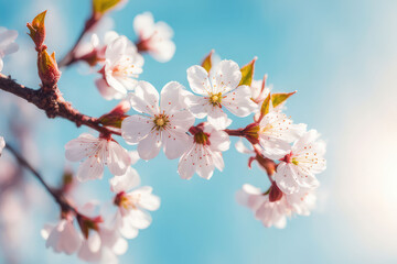 Branches of blossoming cherry macro with soft focus on gentle light blue sky background in sunlight with copy space. Beautiful floral image of spring nature panoramic view.