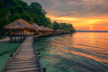 Serene Tropical Paradise: Luxurious Overwater Bungalows Amidst a Breathtaking Sunset View