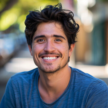 a photo of a 27 year old man wearing a blue t shirt, smiling