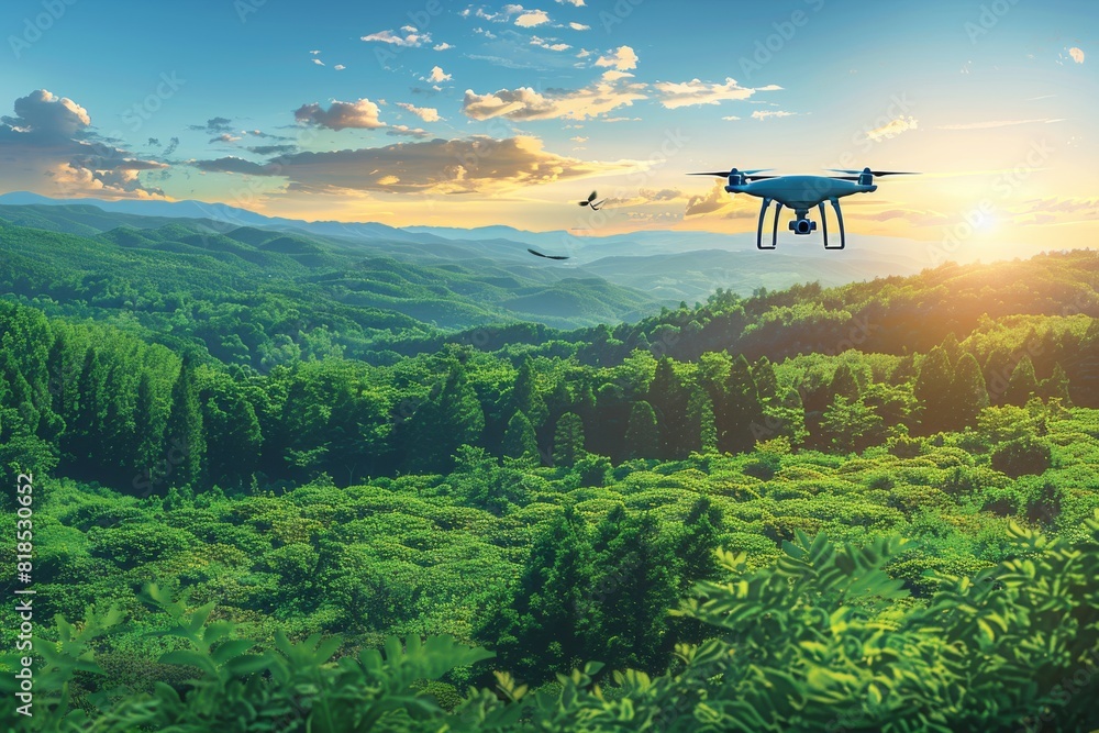 Poster agricultural drones equipped with precision sensors navigate fields, applying pesticides efficiently