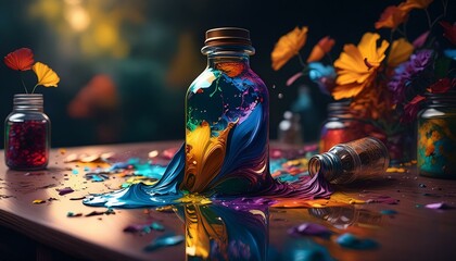 oil paints spilled on a glass bottle on the table