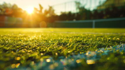 Fototapeta premium close-up freshly cut grass tennis court, tennis court at sunrise, tennis club tournament