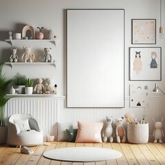 A Room with a mockup poster empty white and with stuffed animals and toys realistic attractive harmony used for printing has illustrative.
