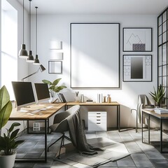 A Room with a mockup poster empty white and with two computers and a large window realistic attractive has illustrative image meaning.