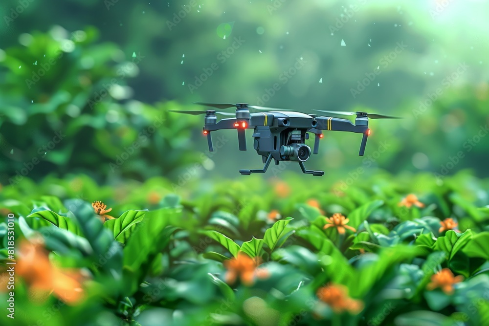 Poster drones navigate agricultural fields with high-tech sensors, applying pesticides precisely to enhance