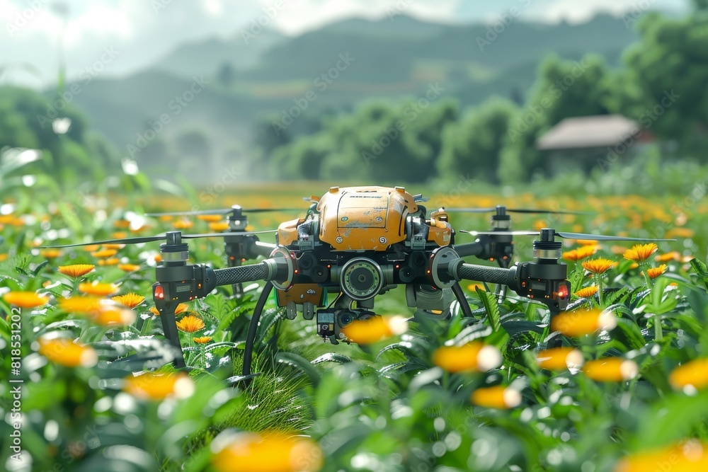 Poster agricultural drones with sensors optimize pesticide application, promoting crop health and precision
