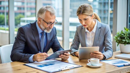 Risk Management Meeting: Two professionals engaged in a risk management plan discussion, with documents and digital devices on the table, highlighting risk assessment.
