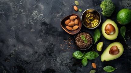 Healthy fats products at black background
