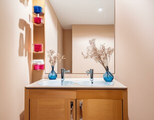 Beige hotel modern bathroom interior with sink and mirror, vase on countertop