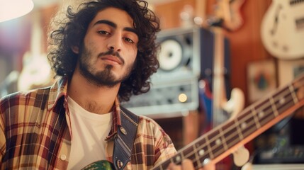 The close up picture of the middle eastern guitarist or musician that practicing or rehearsing the...