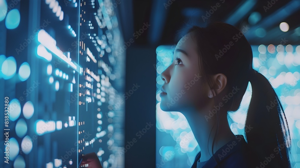 Poster young analyst examines intricate data visualization on illuminated tech panels