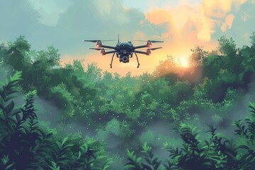 Fototapeta premium Drones equipped with precision agriculture technology apply pesticides efficiently, enhancing crop health and field productivity in sustainable farming