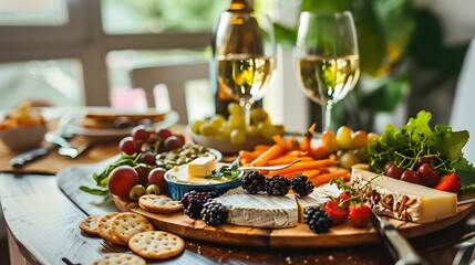 Artfully Arranged Gourmet Cheese and Fruit Platter in Cozy Sunlit Setting