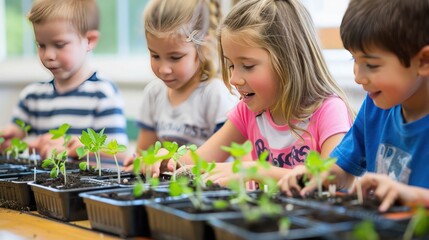 Elementary school children learn to plant trees in a biology laboratory.