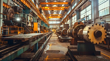 Obraz premium Modern Machinery Manufacturing Workshop with Heavy Industrial Equipment and Conveyor System