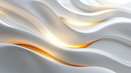 Smooth Flowing Curves of Elegant Digital 3D Fluid Art in White and Gold on Clean Background