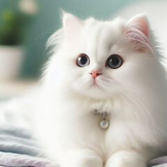 A cute and adorable white cat with hopeful eyes, soft fur, and chubby cheeks