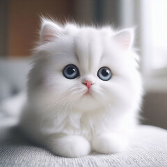 A cute and adorable white cat with hopeful eyes, soft fur, and chubby cheeks