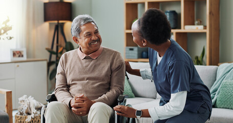 Nurse, old man and wheelchair for medical support, wellness and person with disability. People, healthcare worker and patient with service or help with happiness, talking or discussion for advice