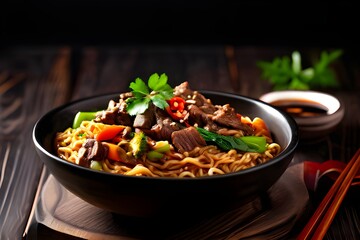 Noodles with beef and vegetables in black bowl on wooden background