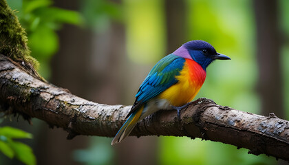Obraz premium A colorful bird sits on a tree branch in the forest with blurred background. Generative AI