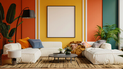 Frame mockup, ISO A paper size. canvas, modern living room with colorful walls, black floor lamp and coffee table, two cream colored sofas. Generative AI