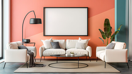 Frame mockup, ISO A paper size. canvas, modern living room with colorful walls, black floor lamp and coffee table, two cream colored sofas. Generative AI