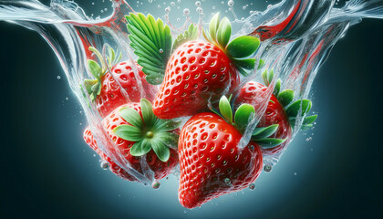 Strawberries splashing into water with dynamic droplets around.