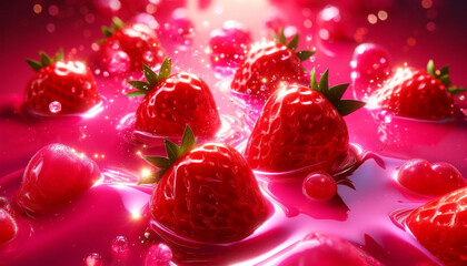 Strawberries in red glossy liquid with sparkling droplets.