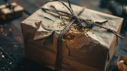 Luxurious gift box with slightly ripped corners, revealing premium contents, focus on damaged wrapping