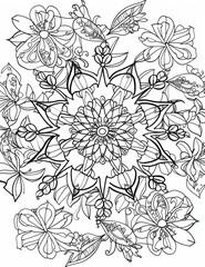 Seasonal Bloom Mandalas: Intricate Spring Patterns to Color - Relaxing Coloring Pages for Adults - Line Art - Vertical composition