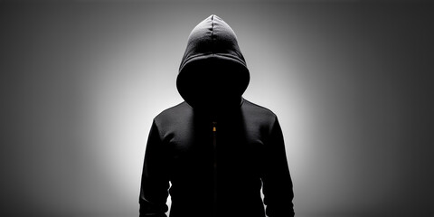 Anonymous computer hacker silhouetted against minimalist gray background, standing in shadows