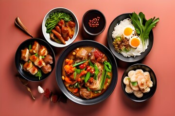 Variety of traditional Chinese dishes. Asian food. Top view, flat lay.