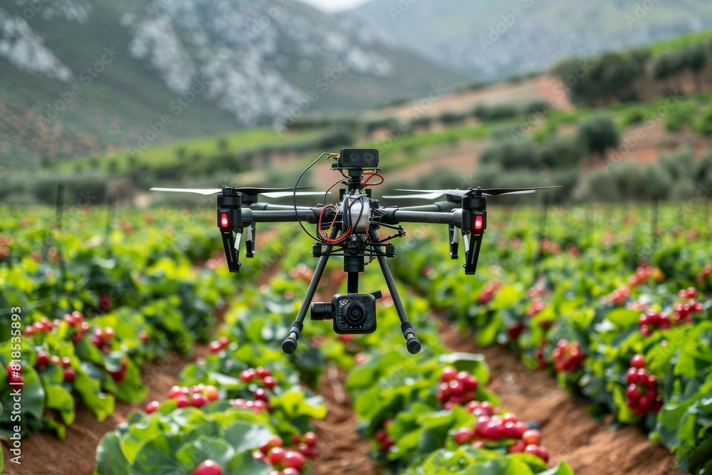 Poster high tech drone technology for precision farming in agricultural fields with smart farming technique