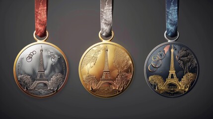 Fictional Olympic Games 2024 Parisian Medals with Eiffel Tower Design - Gold, Silver, and Bronze