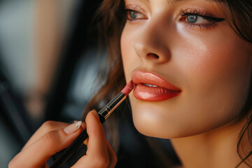 Two women are getting their makeup done. One woman is applying lipstick to the other woman's lips