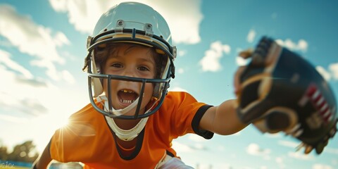 Energetic happy child looking at camera while celebrate for winning the game while wearing safety gear at sport arena with blue sky. Attractive elementary student playing american football. AIG42.